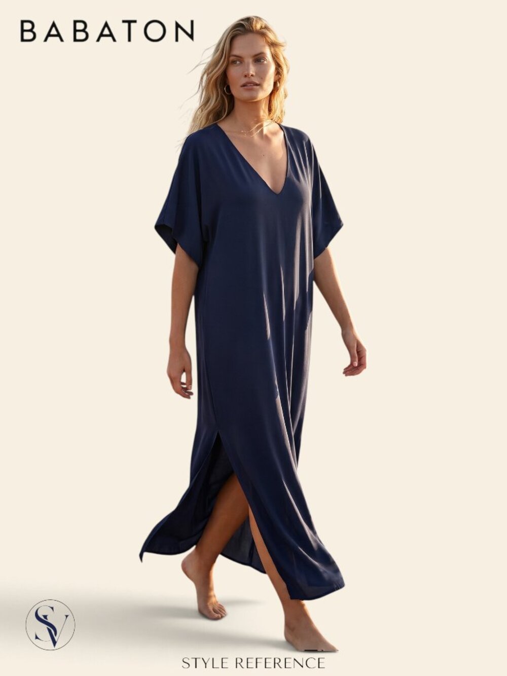 Babaton Aritzia Navy Blue Summer Maxi Kaftan Dress, Size S